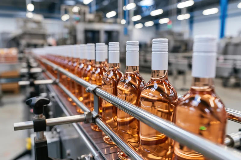 Rows of rosé wine bottles moving along a stainless steel conveyor in a factory