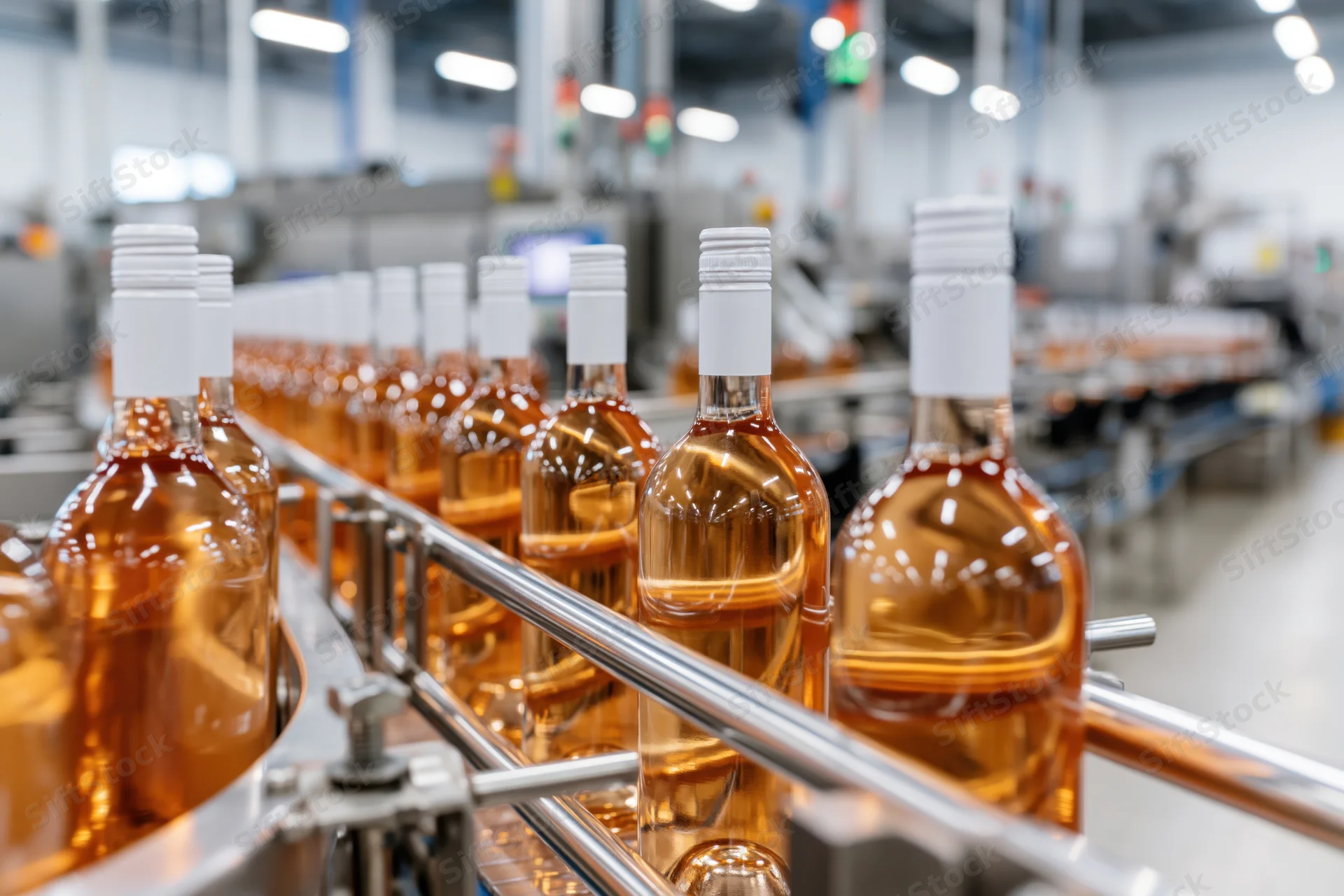 Rows of rosé wine bottles moving along a stainless steel conveyor in a factory production line