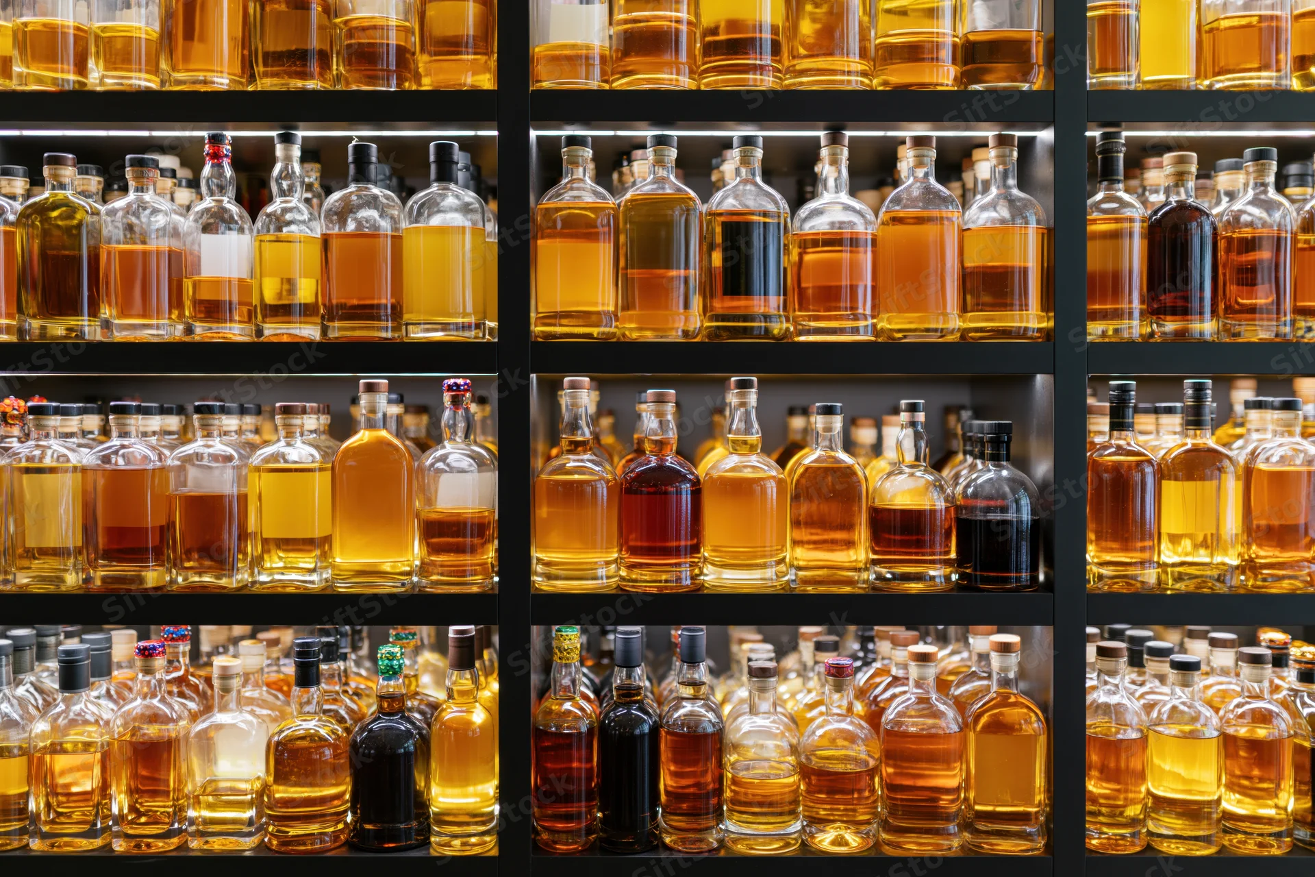 Rows of whisky and spirits bottles densely packed on dark shelves in a bar display