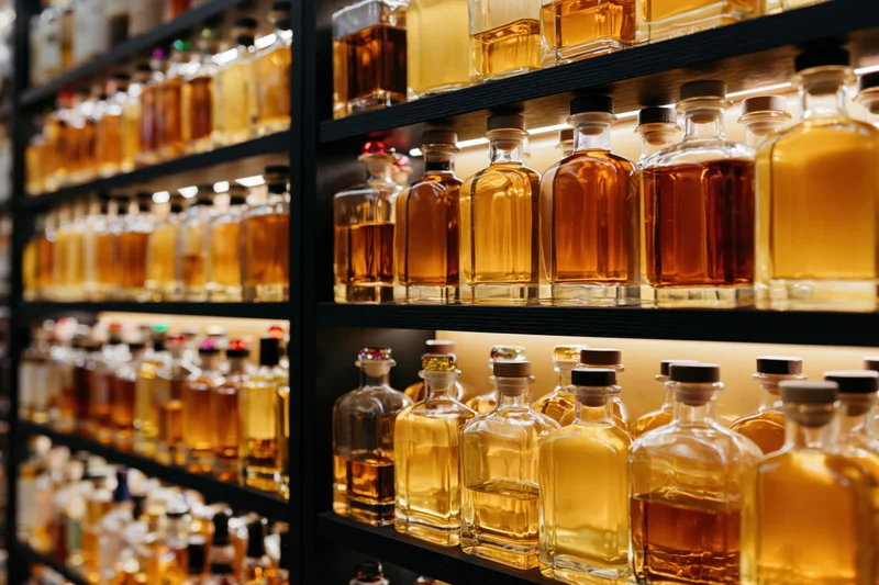 Rows of whisky and spirits bottles arranged on dark shelves with warm backlighting in a retail display