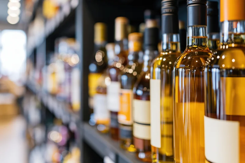 Rows of amber glass bottles with labels arranged on a dark wooden shelf in a store