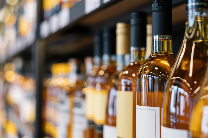Rows of whiskey bottles arranged on a dark wooden shelf in a liquor store display