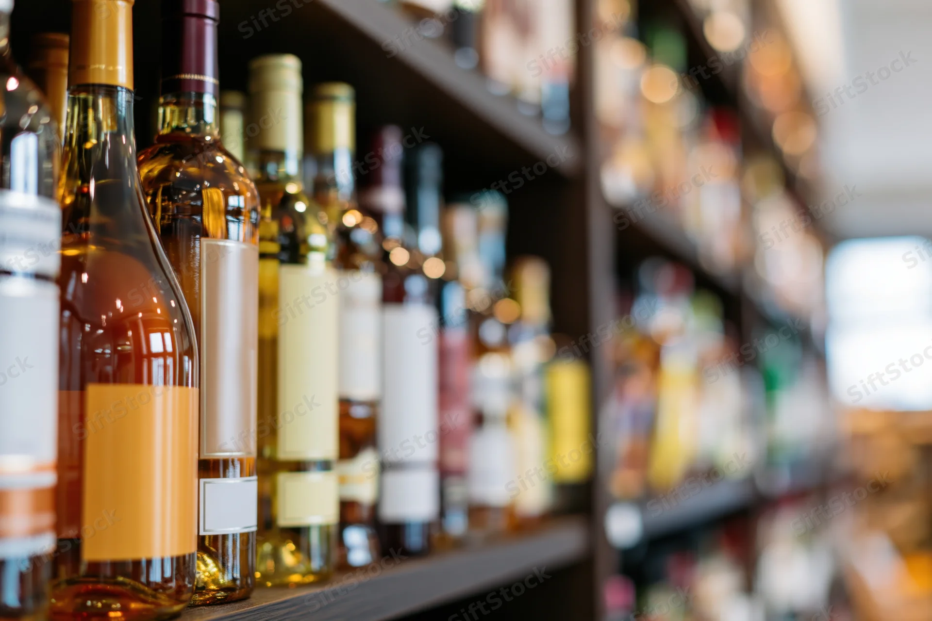 Rows of wine and spirits bottles arranged on dark wooden shelves in a retail store