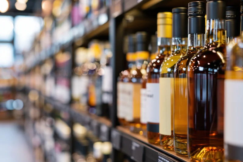 Rows of whiskey and spirits bottles lined up on a dark wooden shelf in a retail store