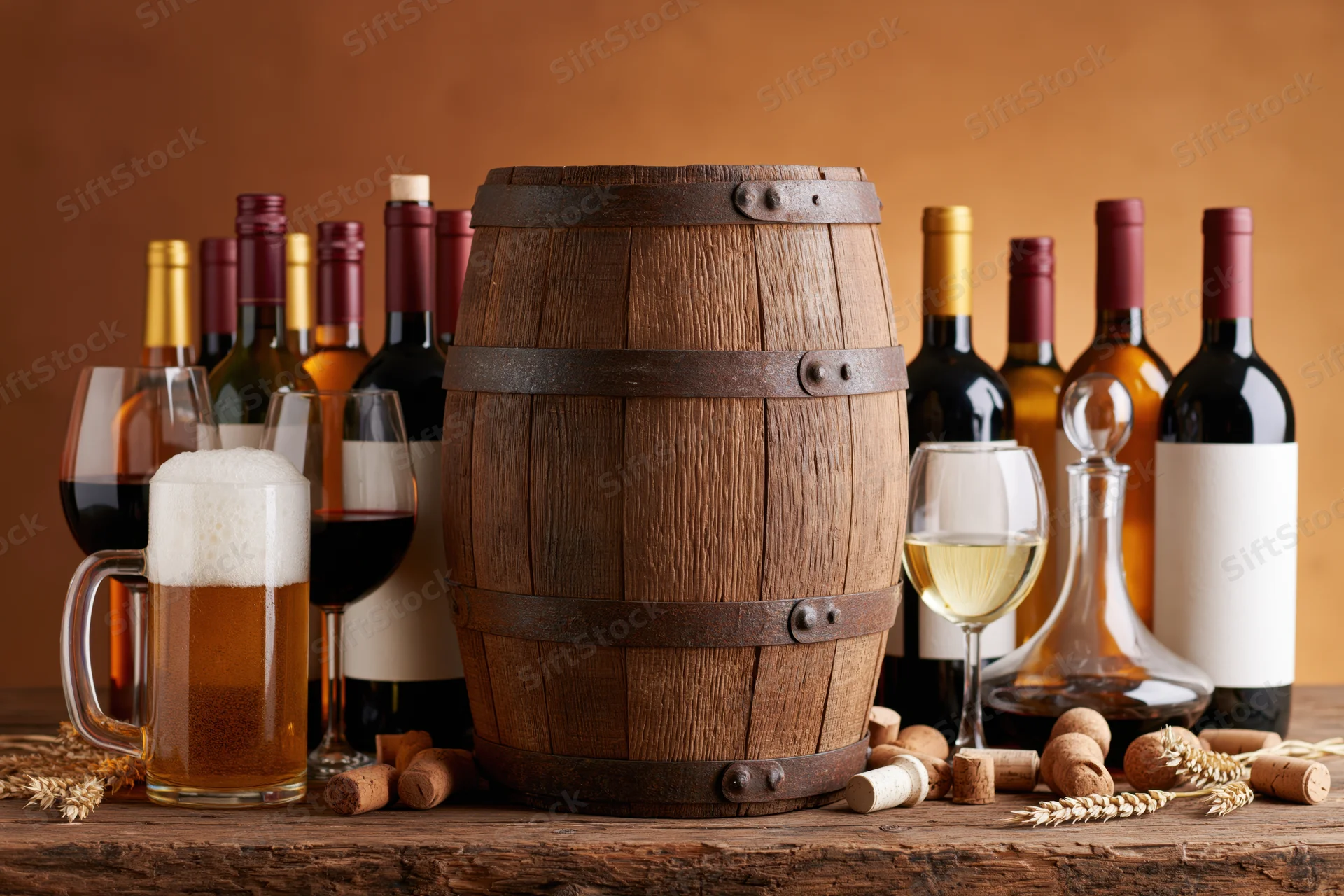 Wooden barrel centered on rustic table surrounded by wine bottles, beer mug, glasses, corks and wheat stalks