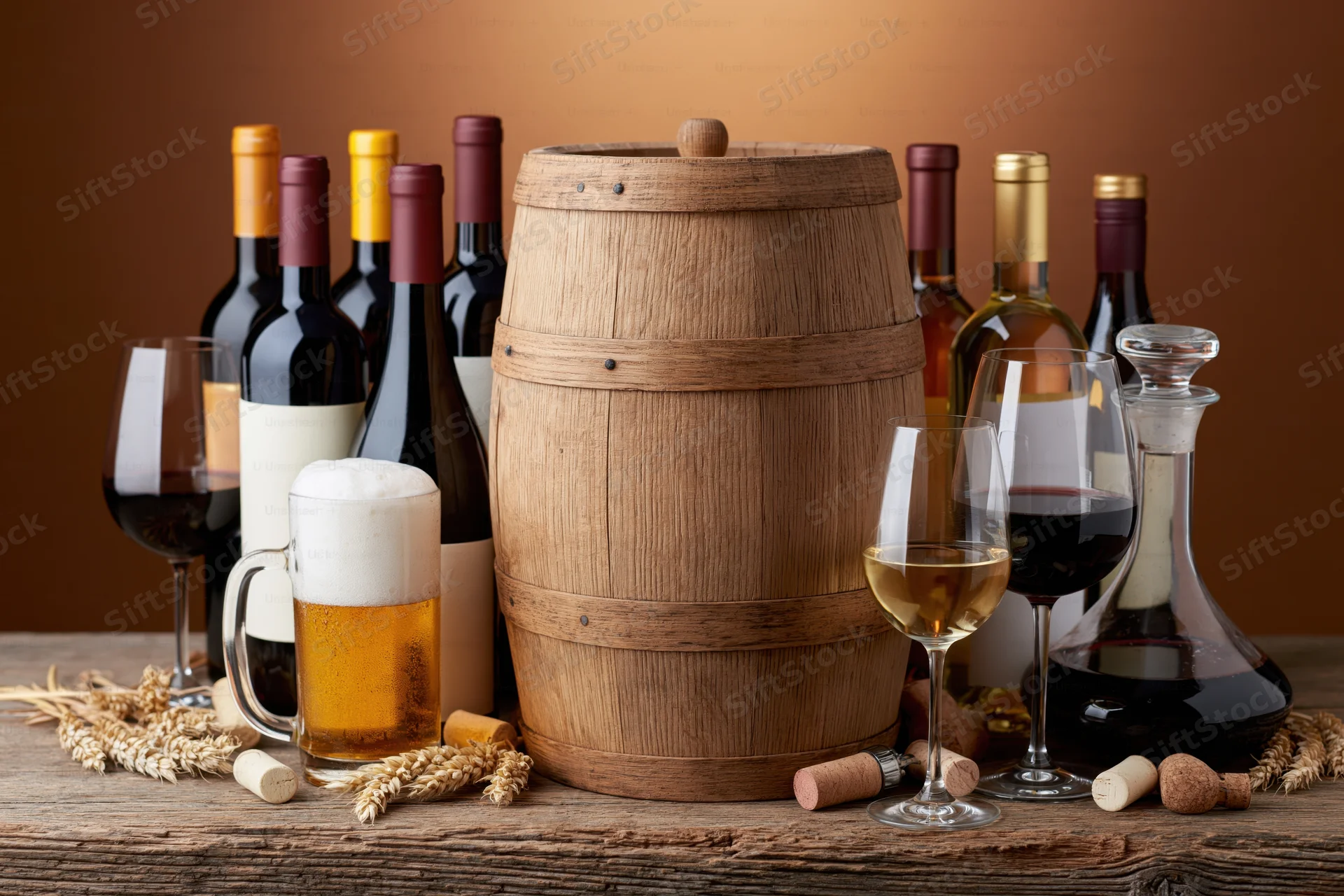 Wooden barrel with wine bottles, beer mug, glasses and corks on rustic table