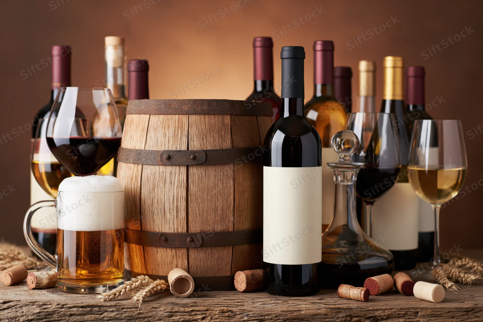Wine bottles and beer mug arranged around a wooden barrel on a rustic table with corks and wheat stalks