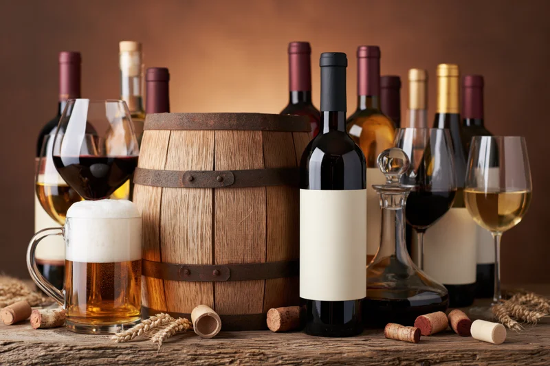 Wine bottles and beer mug arranged around a wooden barrel on a rustic table with corks and wheat stalks