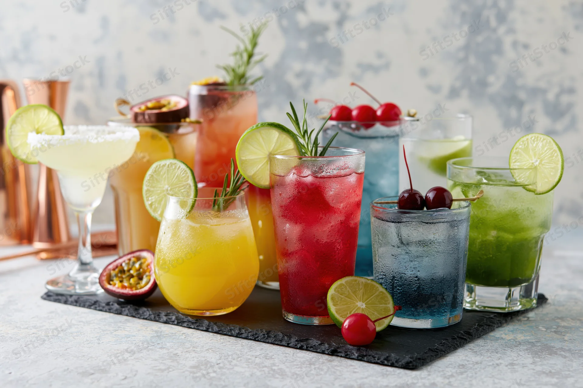 Assorted cocktails with lime and fruit garnishes on a slate board