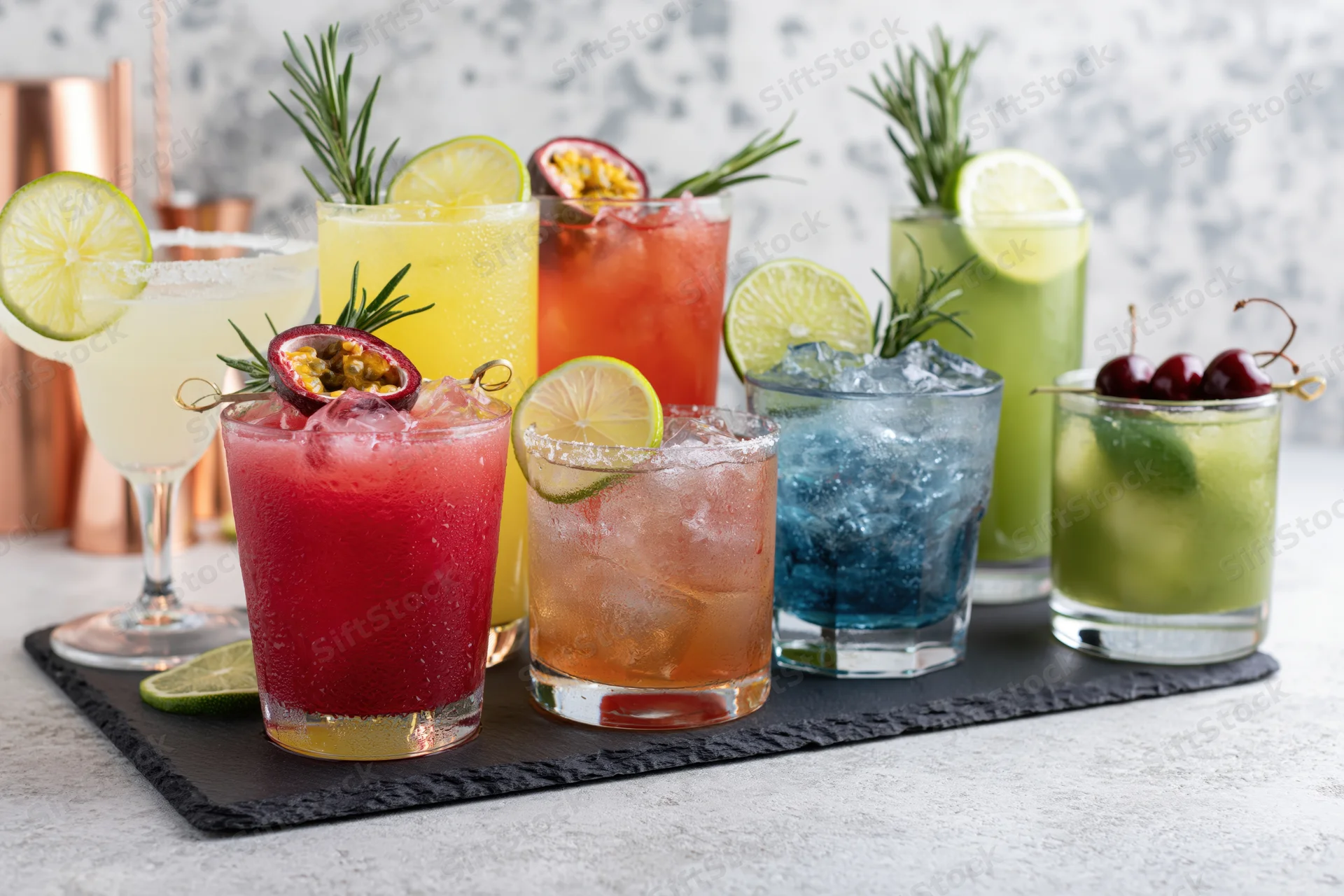 Seven colorful cocktails garnished with fruit and herbs arranged on a dark slate tray on a countertop