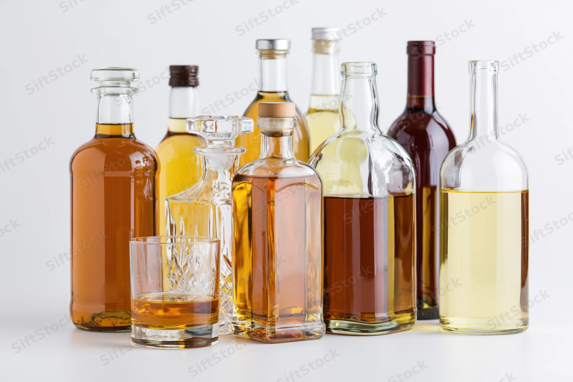 Assorted liquor bottles and a glass arranged on a white surface