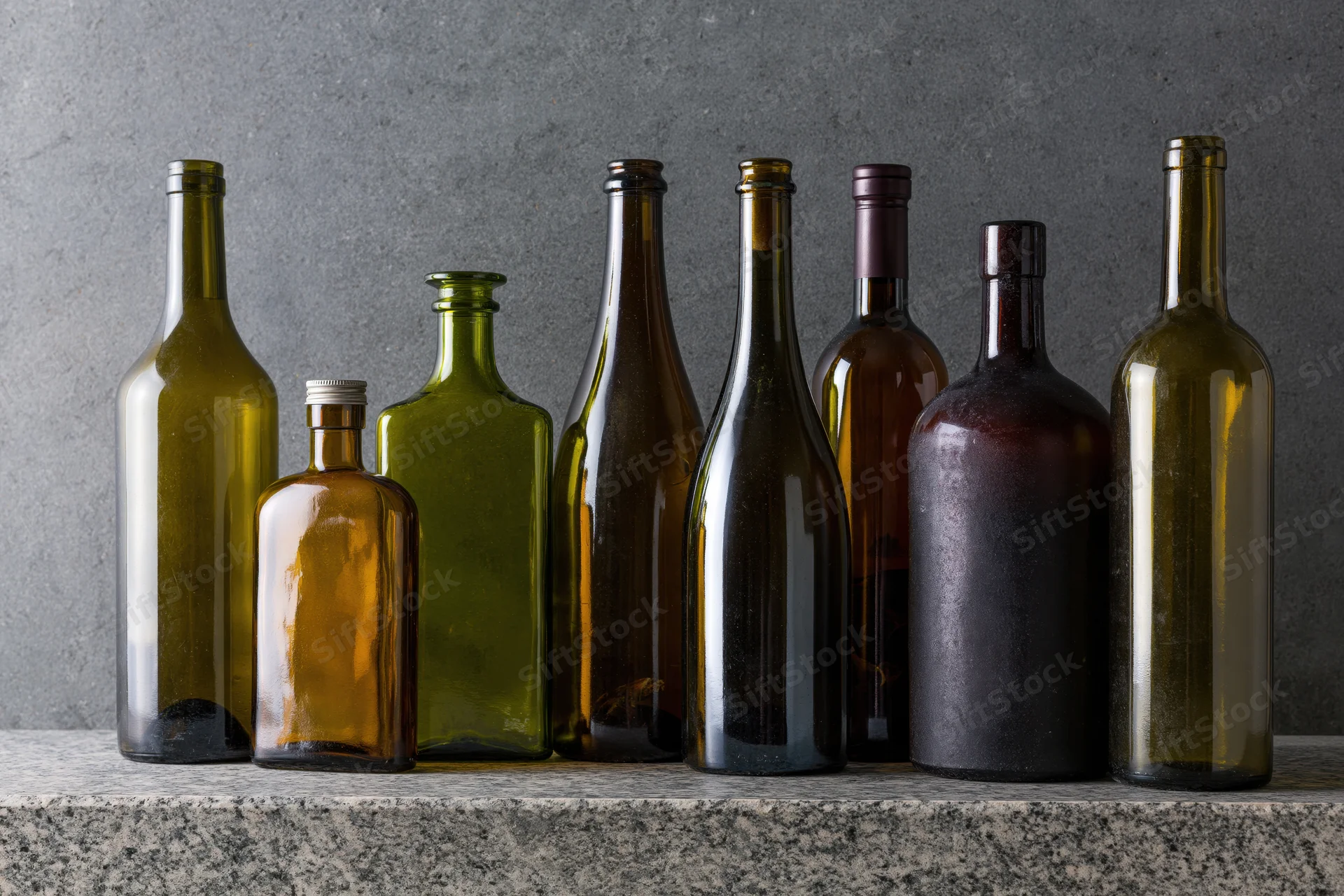 Assorted empty glass bottles arranged in a row on a granite countertop against a gray wall