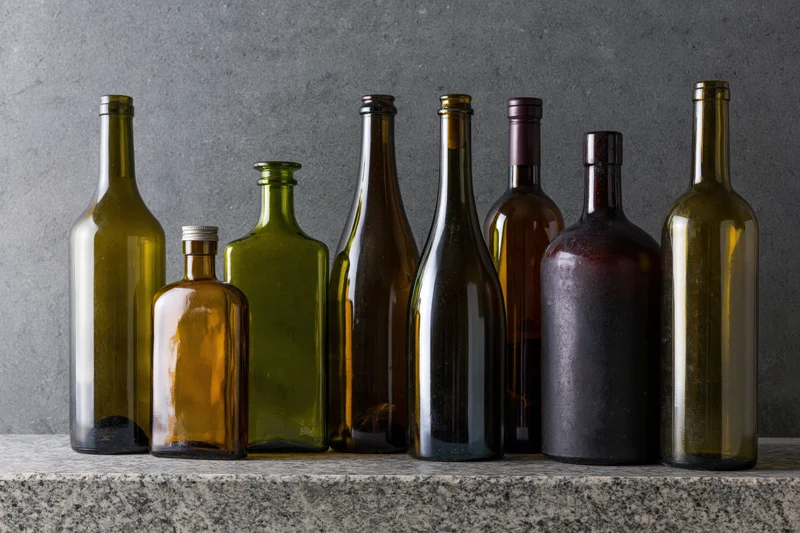 Assorted empty glass bottles arranged in a row on a granite countertop against a gray wall