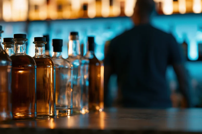 Liquor bottles lined on a bar counter with a bartender in silhouette behind them