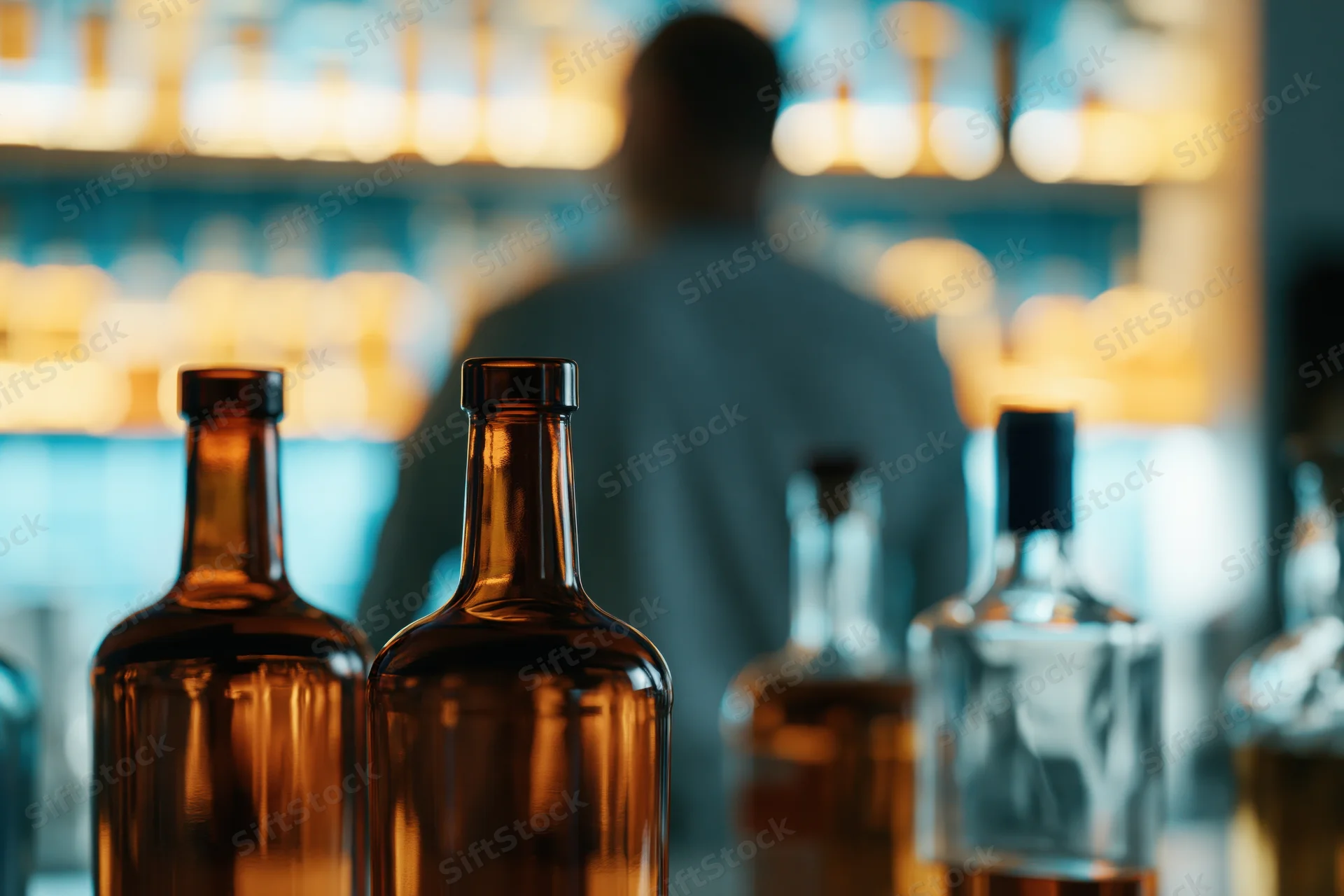 Amber and clear glass liquor bottles arranged on a bar counter with a blurred bartender in the background
