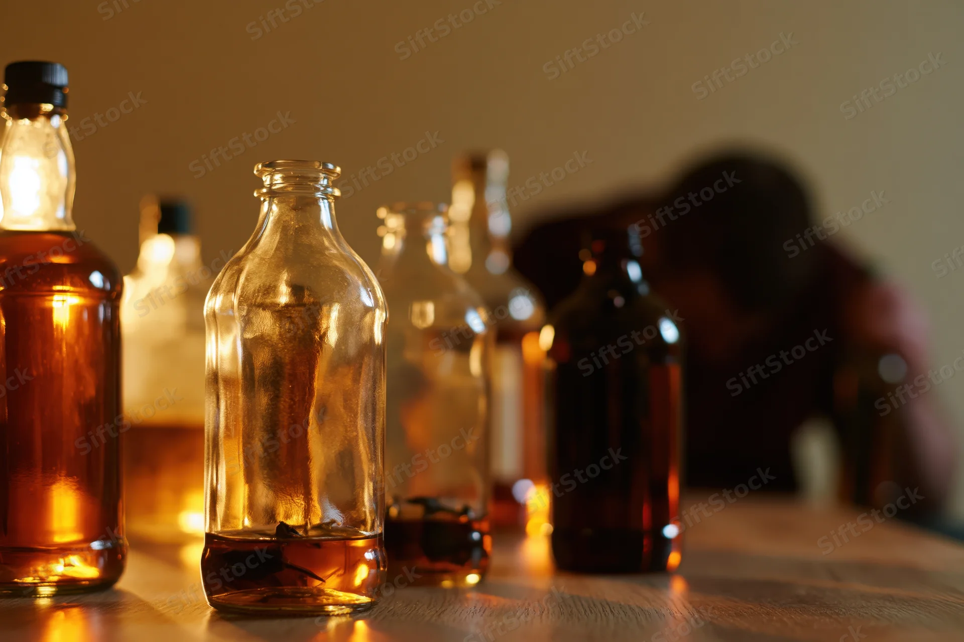 Empty and half-full glass liquor bottles arranged on a wooden table with a blurred man in the background under warm dim lighting