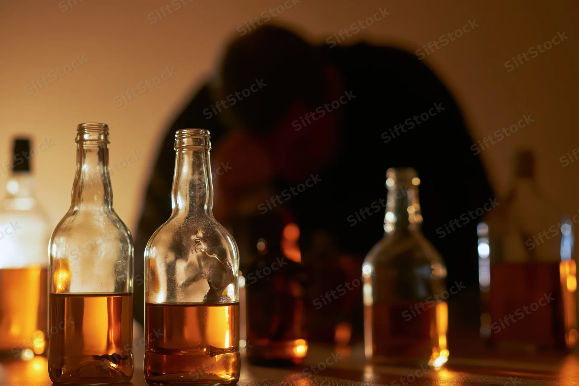 Empty and half-full whiskey bottles on a dimly lit table with a blurred silhouette of a man in the background