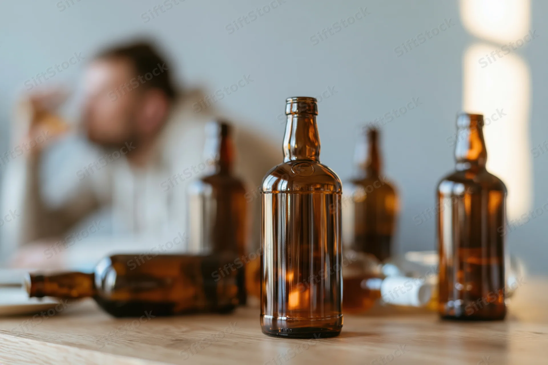 Empty brown glass alcohol bottles arranged on wooden table with blurred man drinking in background