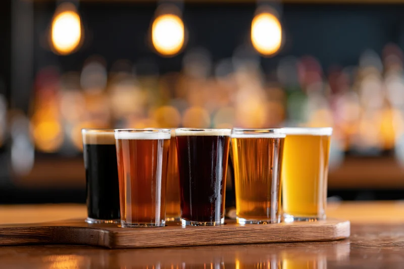 Five craft beer tasting glasses in a row on a wooden tray at a bar