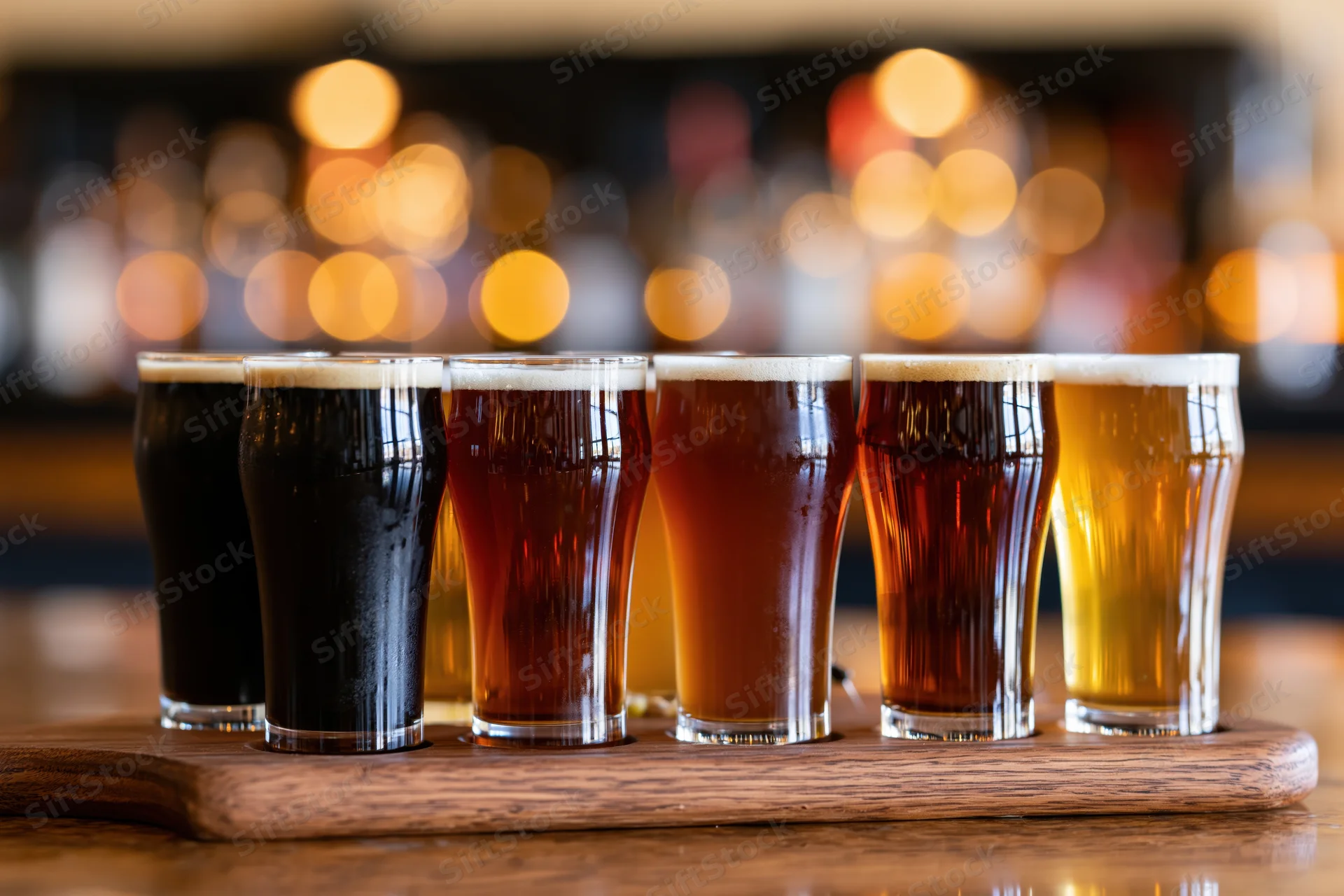 Six craft beer tasting flight glasses arranged in a row on a wooden tray at a bar