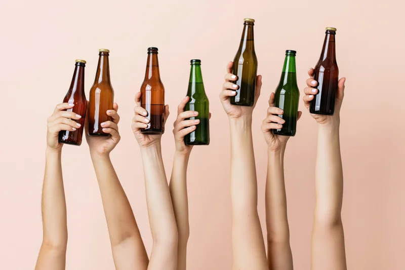 Six hands raising assorted glass beer bottles against a beige background