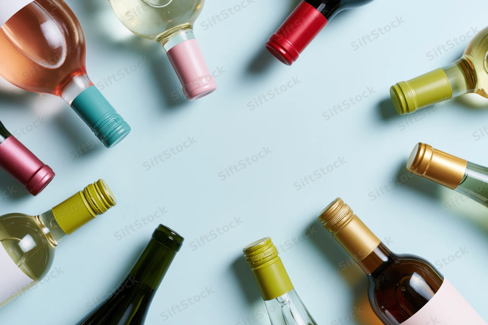 Wine bottles arranged in circular pattern around frame edges on light blue surface