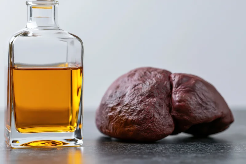 Square glass decanter filled with whiskey placed beside dates