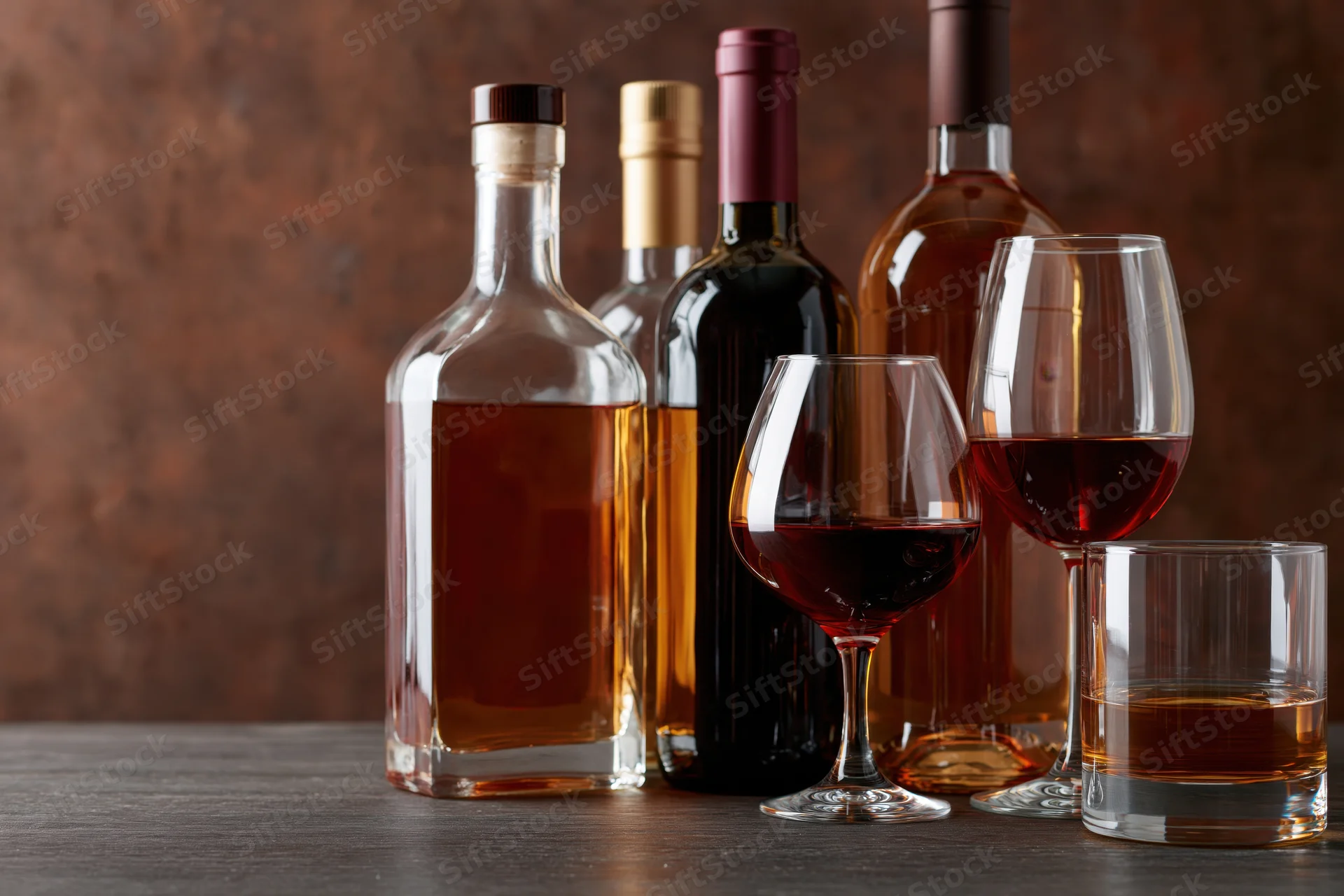Several spirit bottles and glasses arranged on a dark wooden surface with a textured brown background