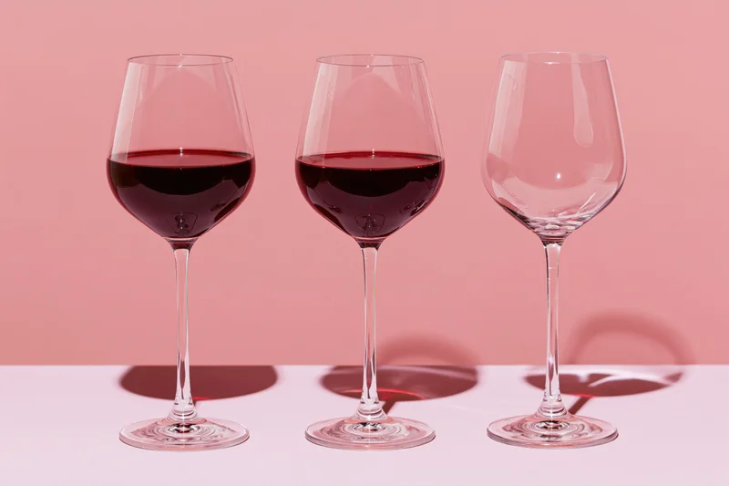 Three wine glasses in a row, two filled with red wine, one empty, on a pink surface