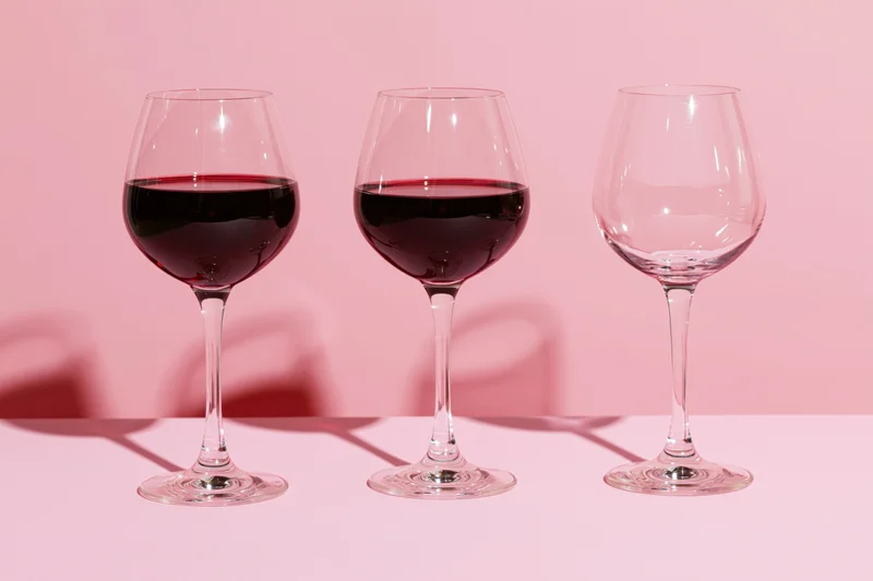 Three wine glasses in a row, two filled with red wine, one empty, on a pink surface