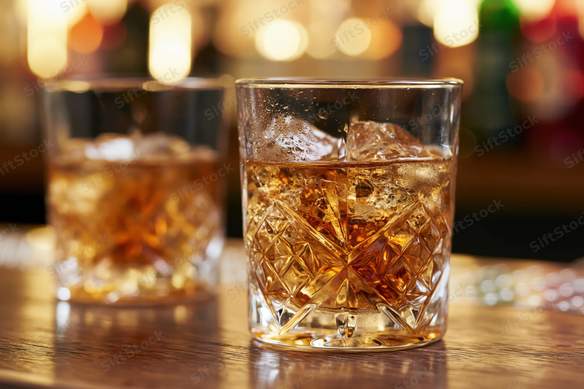 Two crystal rocks glasses filled with amber whiskey and ice on a wooden bar table