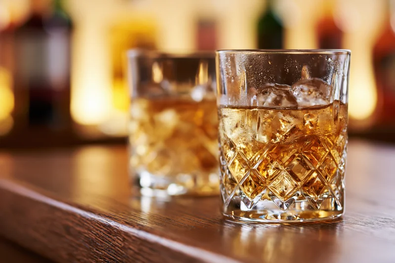 Two crystal rocks glasses filled with amber whiskey and ice on a wooden bar surface
