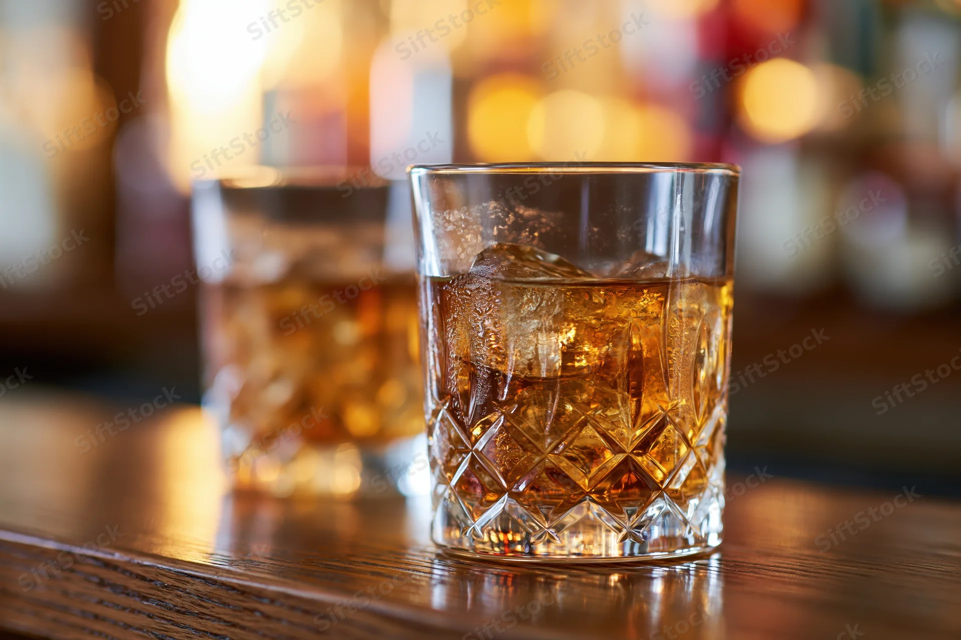 Two crystal glasses filled with amber whiskey and ice on a wooden bar counter