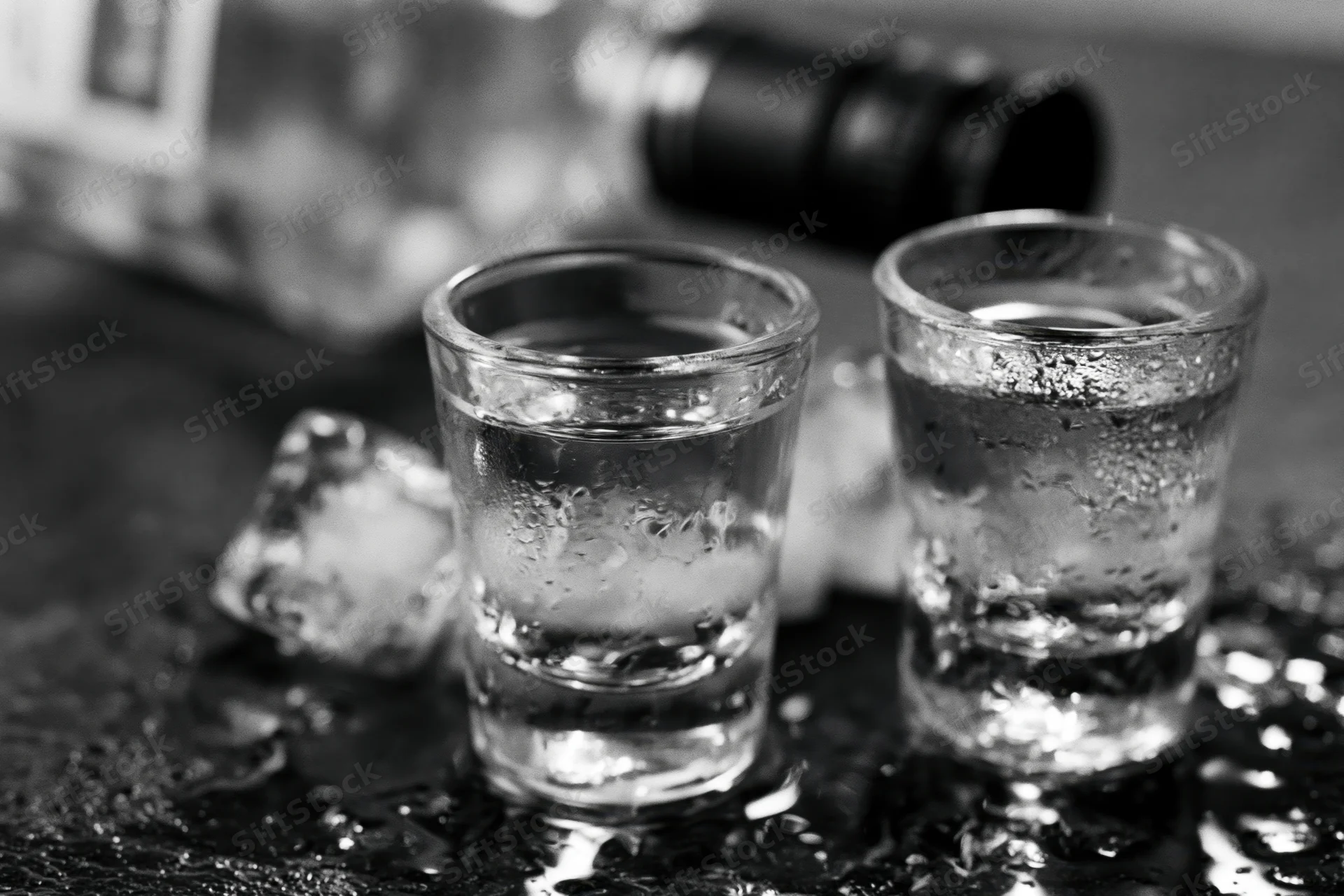 Two full shot glasses of clear spirit on a wet dark bar surface with ice and a bottle in the background