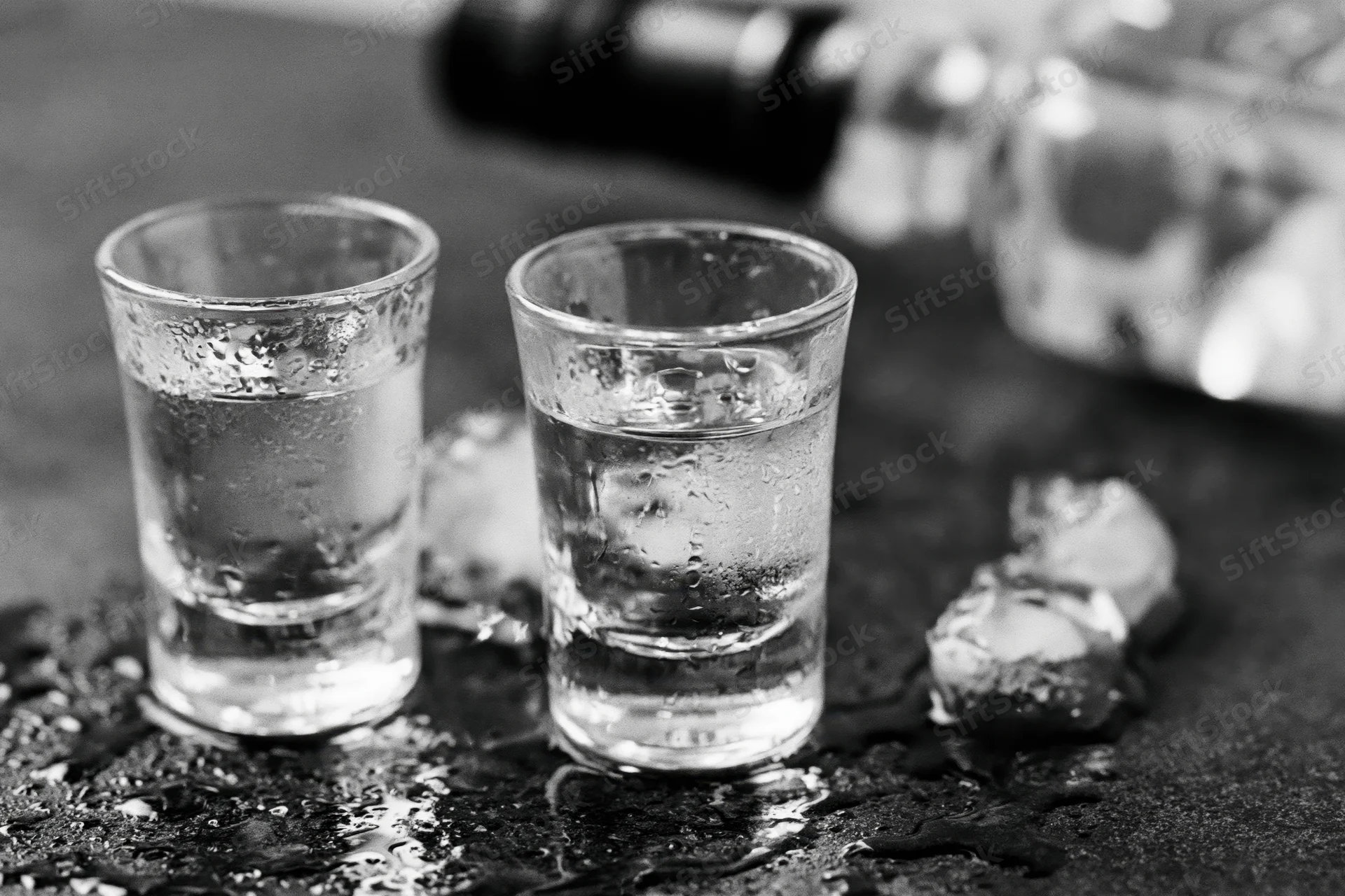Two full shot glasses of clear spirit on a wet dark bar counter with ice cubes and condensation