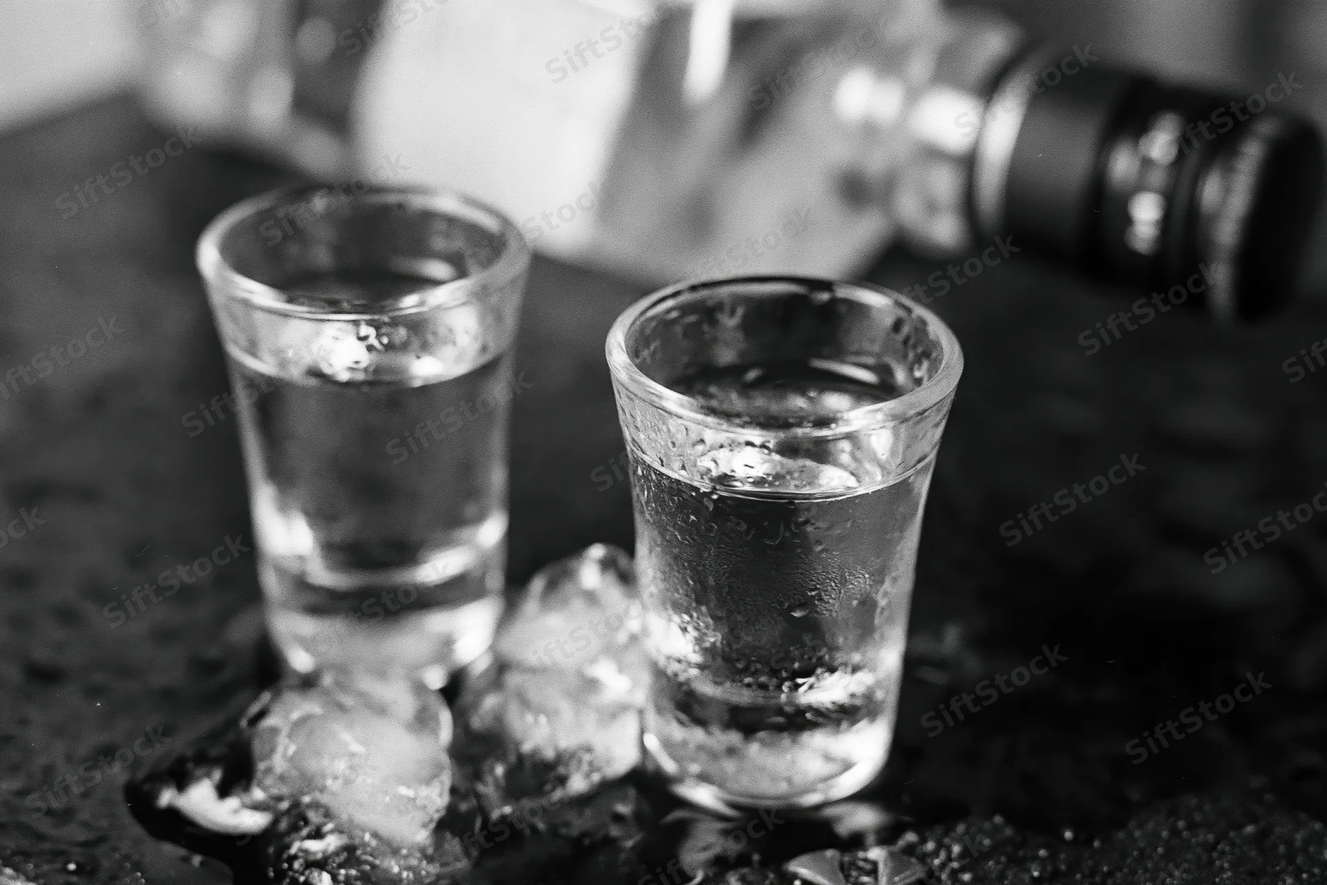 Two full shot glasses of clear spirit on a wet dark surface with ice and condensation, close-up view
