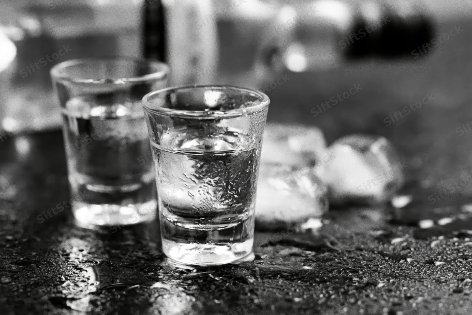 Two shot glasses filled with clear spirit on a wet dark bar surface with ice and condensation