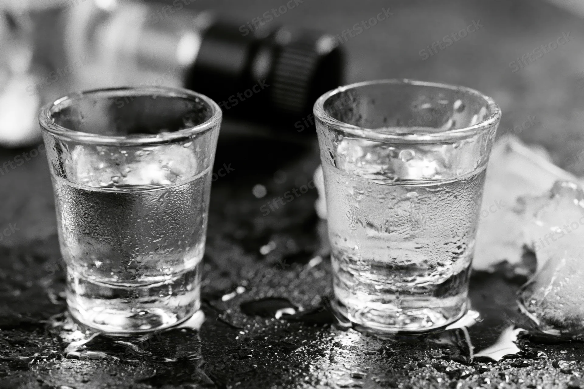 Two full shot glasses of clear spirit on a wet dark surface with condensation and ice nearby