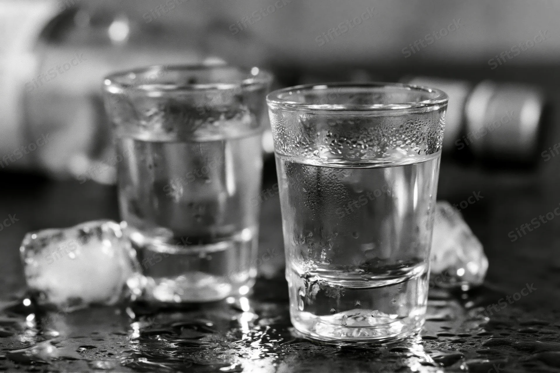 Two full shot glasses of clear spirit on a wet dark bar surface with ice and condensation