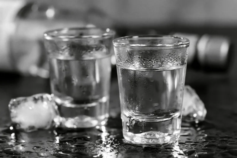 Two full shot glasses of clear spirit on a wet dark bar surface with ice and condensation
