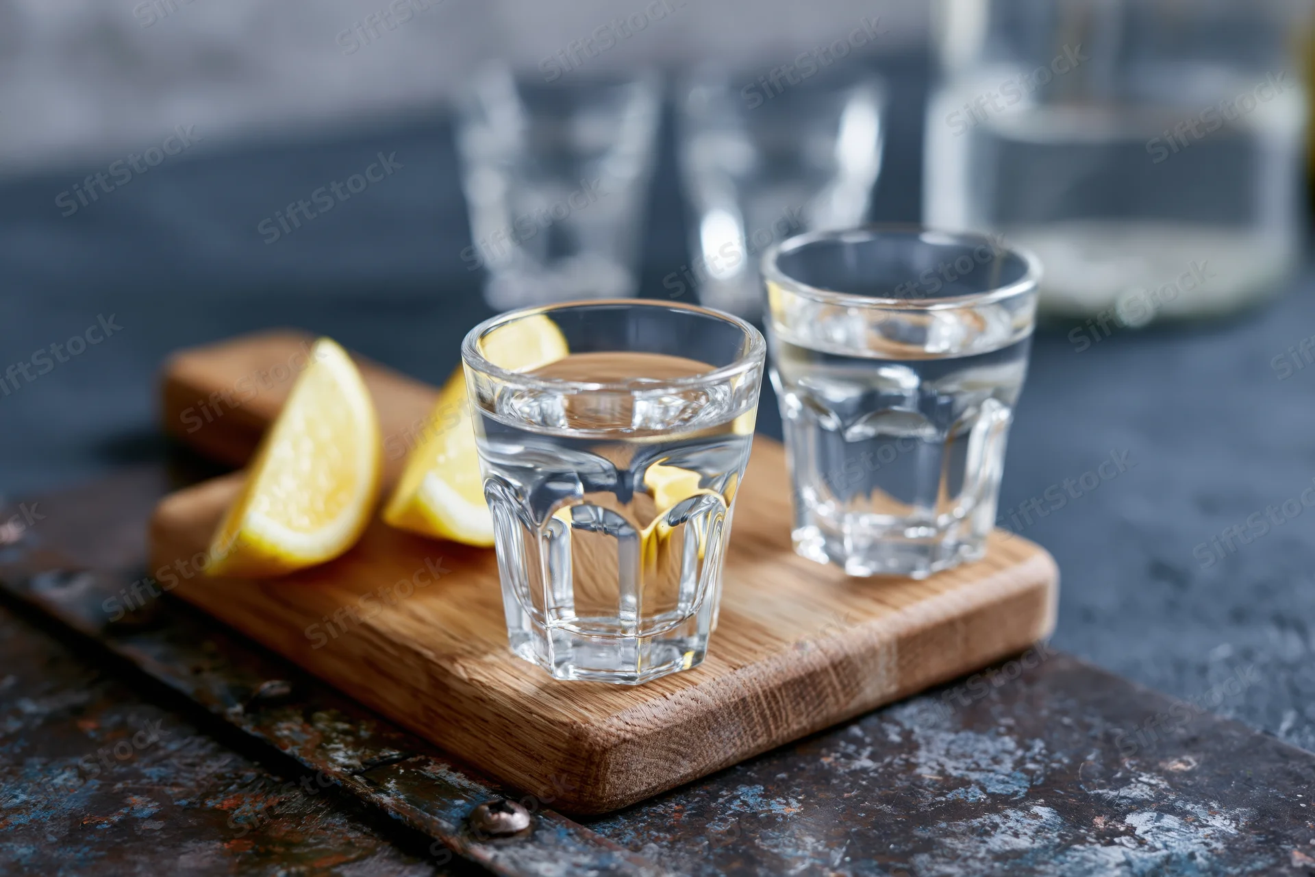 Two shot glasses filled with clear liquor on a wooden cutting board with lemon slices beside them on a dark rustic surface