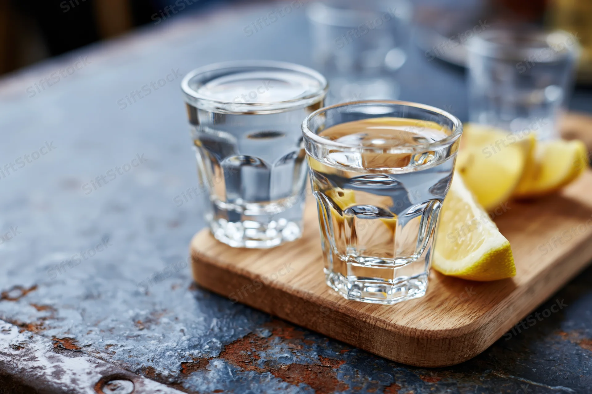 Two shot glasses filled with clear liquor on a wooden board with lemon slices on a rustic metal table