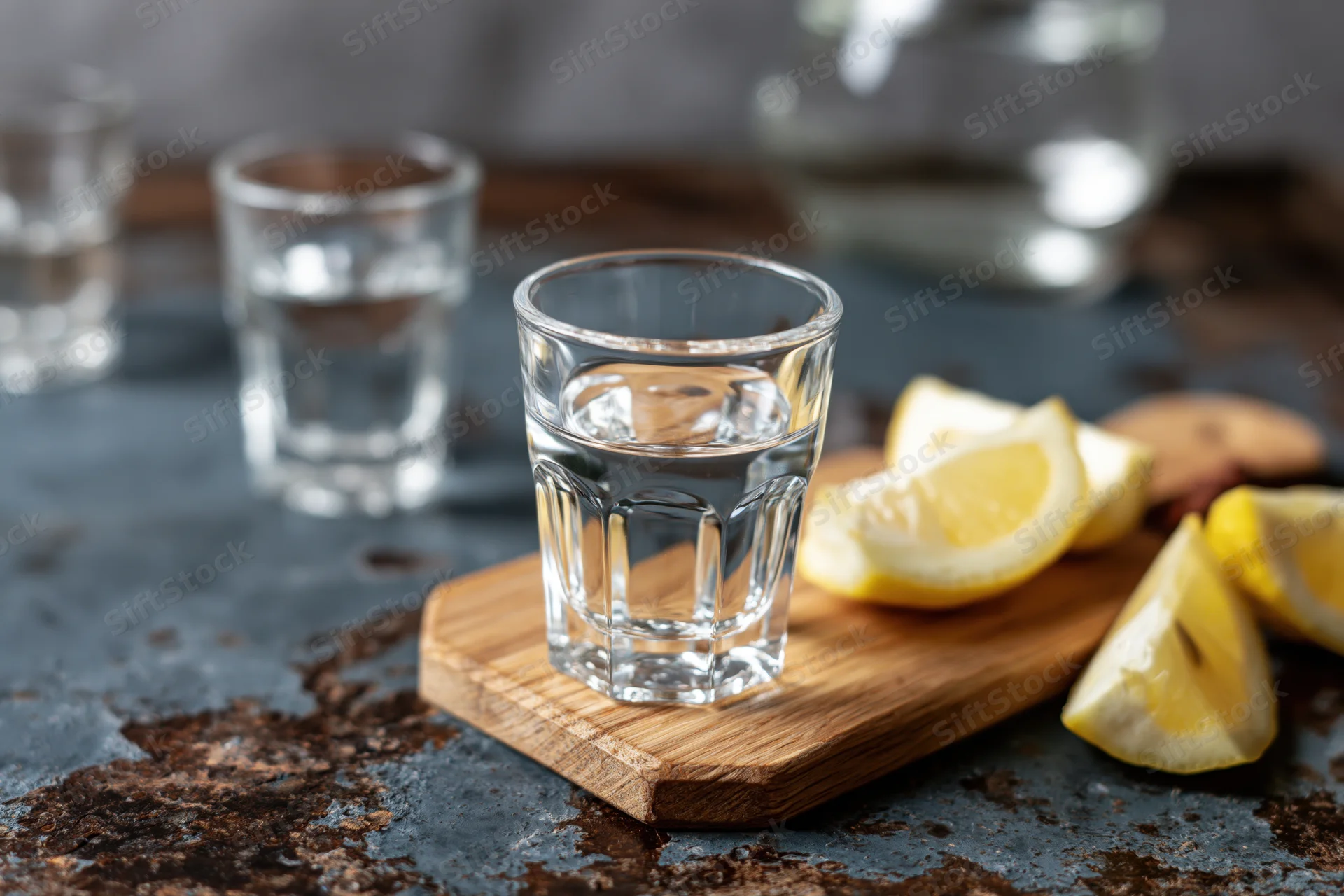 Shot glass filled with clear liquor on wooden cutting board with lemon slices beside it on dark textured surface