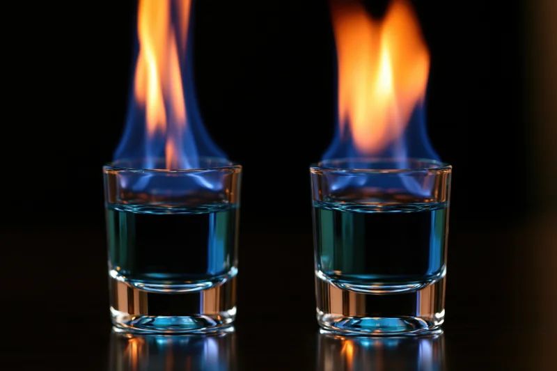Two shot glasses with burning blue liquid flames on a dark reflective surface