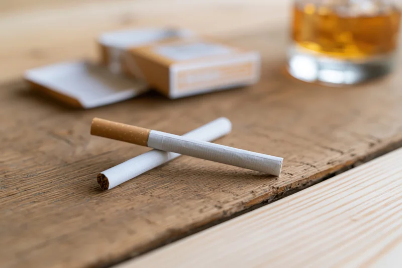 Two unlit cigarettes crossed on a worn wooden table with a whiskey glass and cigarette pack in the background