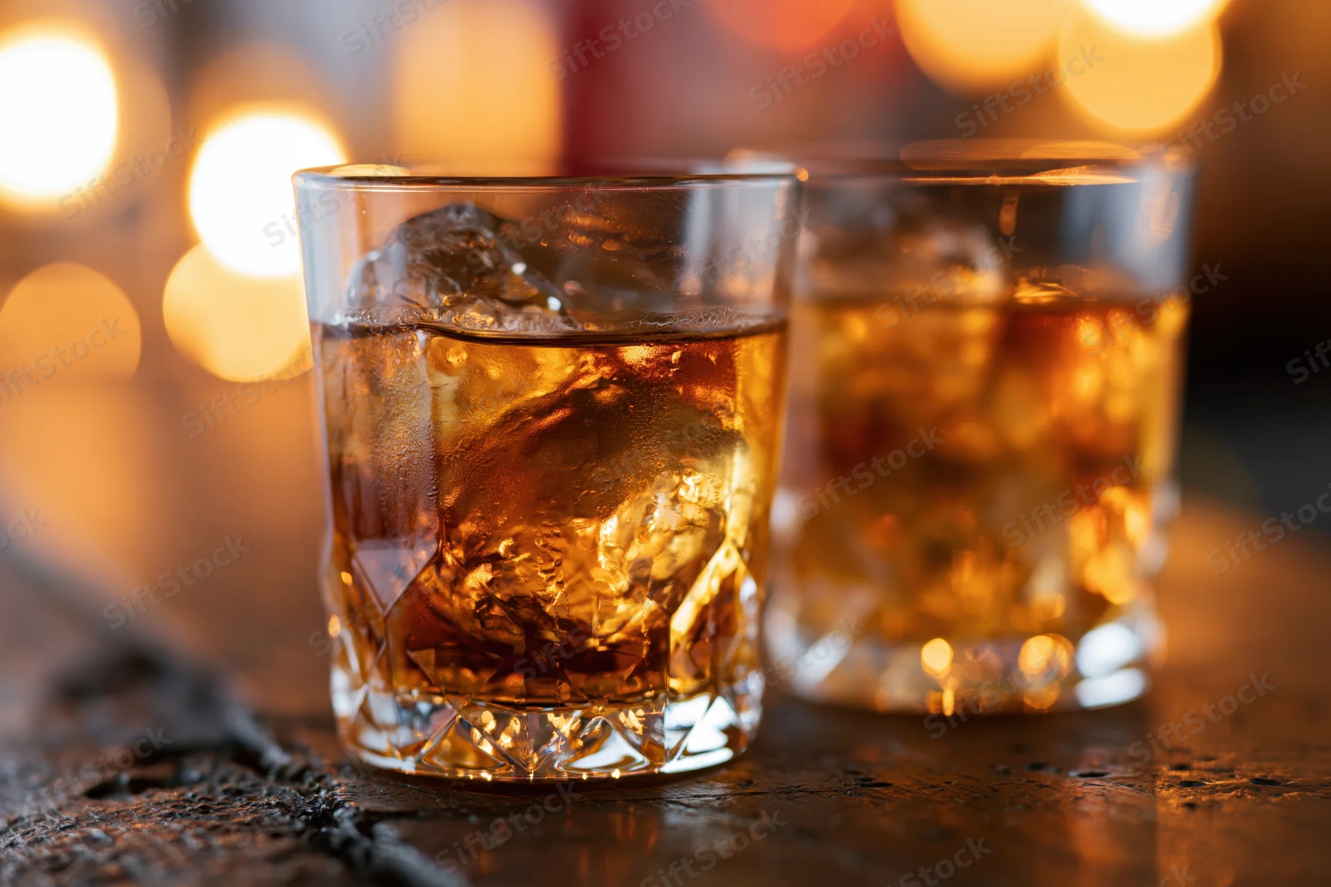 Two whiskey glasses with ice on a wooden table in a dimly lit bar setting