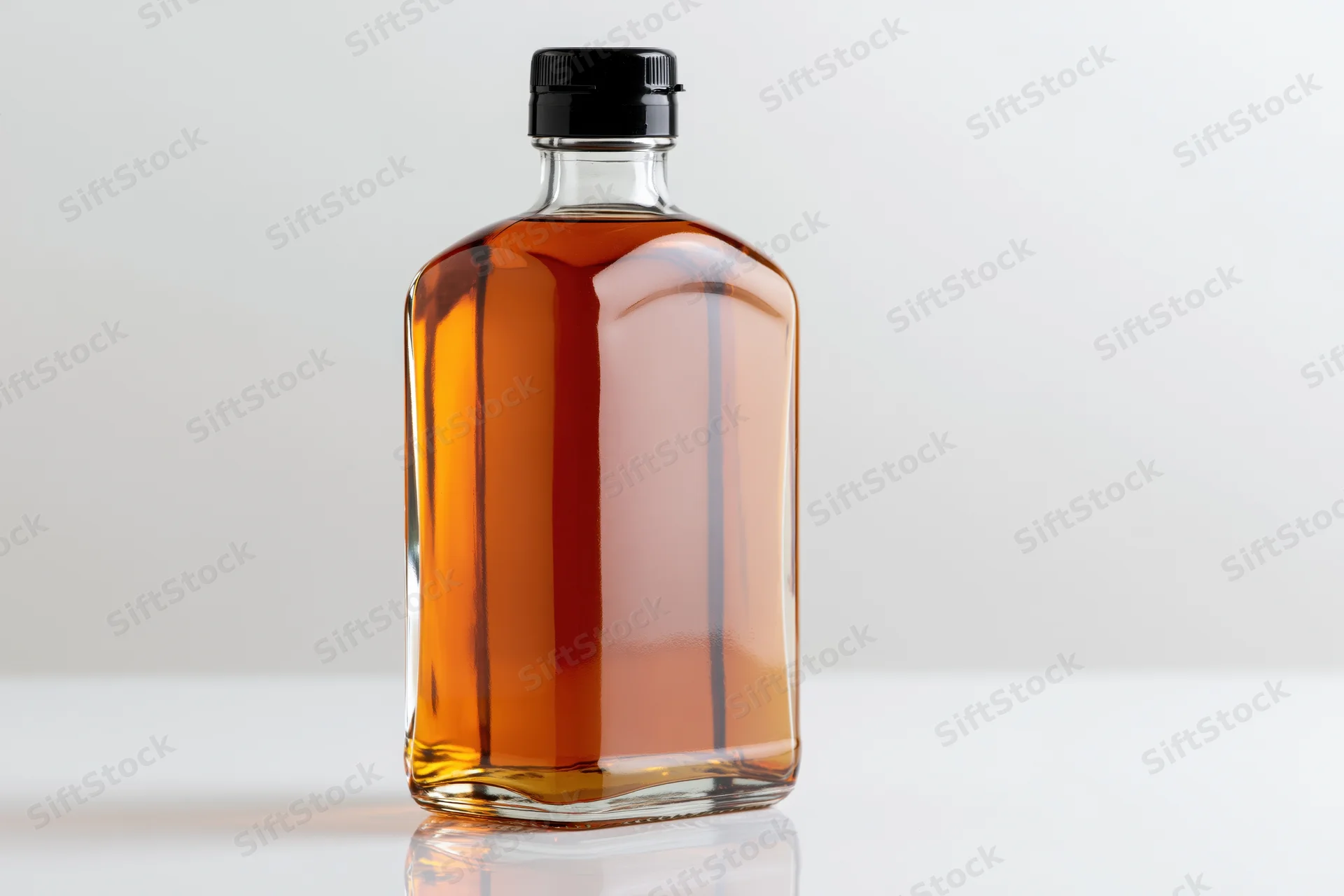 Clear glass whiskey bottle filled with amber liquid on white surface