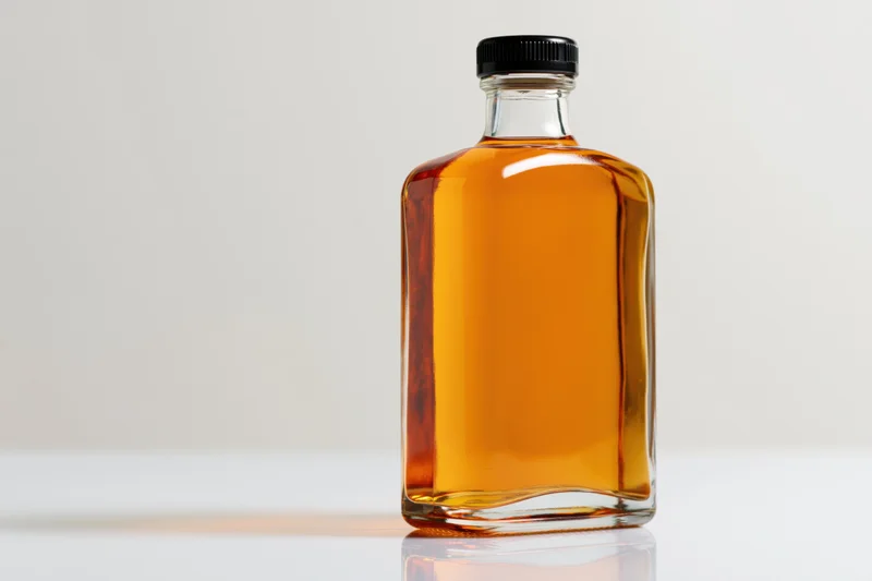 Clear glass whiskey bottle filled with amber liquid on white surface