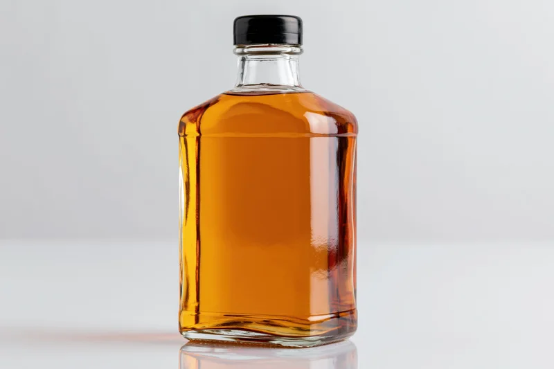 Clear glass whiskey bottle filled with amber liquid on white reflective surface