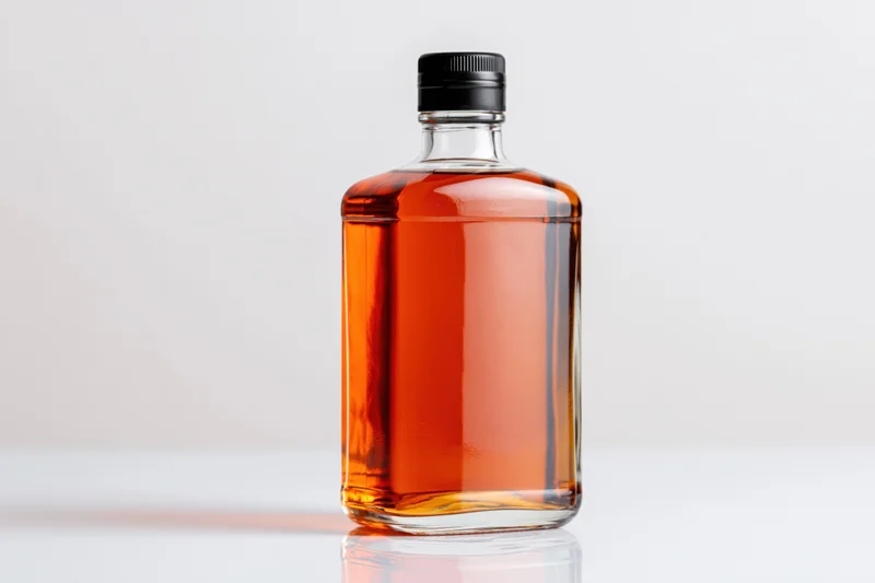 Clear glass whiskey bottle filled with amber liquid on white surface